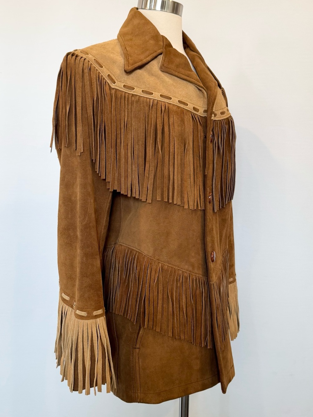 Vintage Pioneer Wear Genuine Leather Suede Fringe Two Tone Brown 70s Jacket Coat - Picture 11 of 12